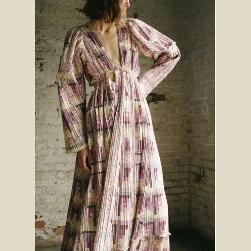 SEA NY Maxi Dress Patchwork Floral Naya Cutout‎ Long Sleeve Pleated Purple XS - Picture 3 of 11